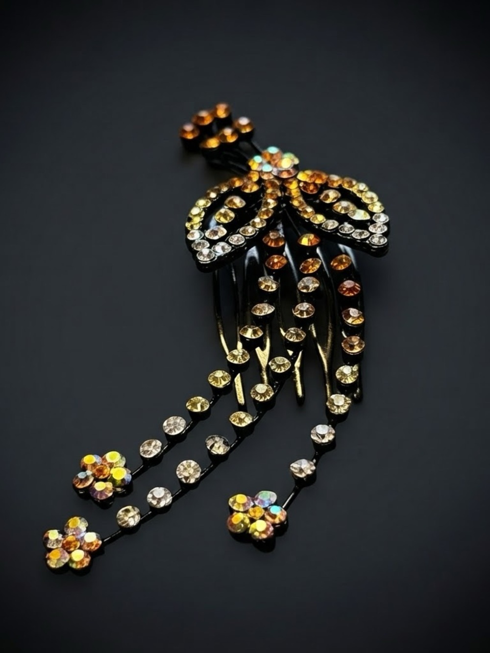 Vintage Citrine & Aurora Borealis Rhinestone Hair Comb Barrette Floral Cascade